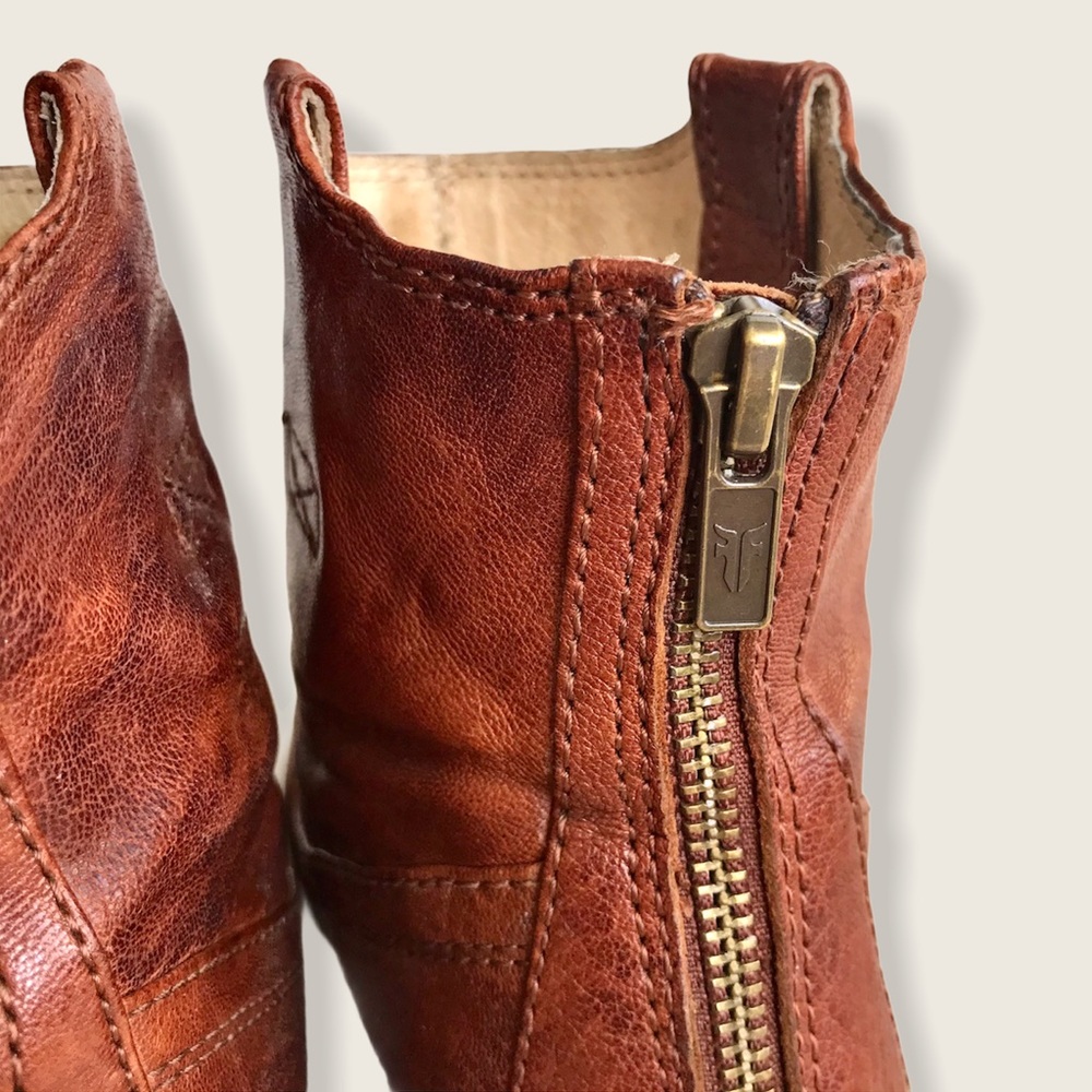 Frye Carson Wedge Cognac Leather Cute Ankle Bootie - Picture 11 of 13